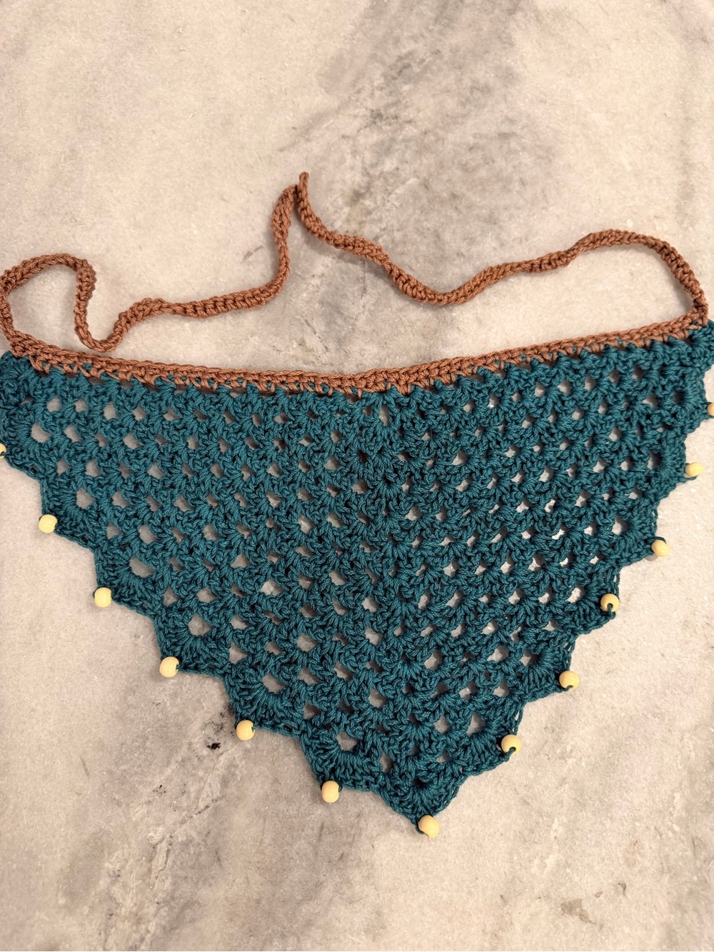 Handmade Crochet Wood Beaded Kerchief Head Scarf Cotton Boho Bandana Cottagecore